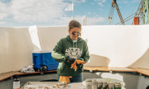 Shucking Oysters on Boat. Photo Credit: Mitchell Powers