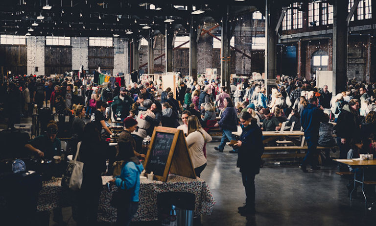 Event space with people. Photo Provided by Brick South at Thompson's Point