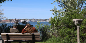 Couple Sitting on Bench Looking at City, Photo Credit: Amy Tolk