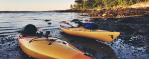 Kayaks on Shore with Water and Forest Behind, Photo Credit: Rippleffect