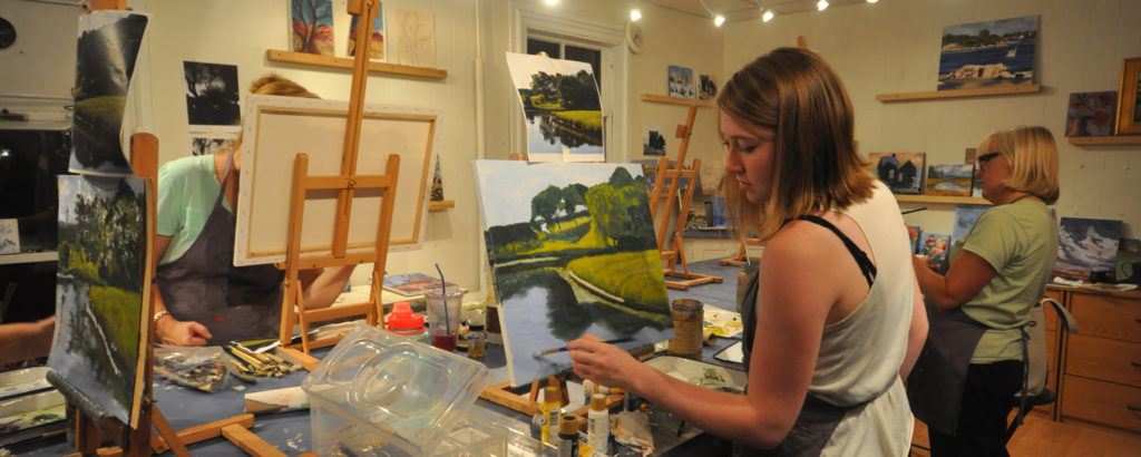 Group Painters, Photo Courtesy of: Art Night Out painters drawing landscape on canvas in group
