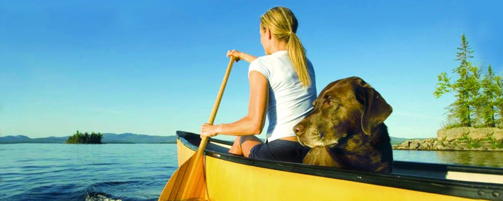 woman and dog in yellow canoe paddling to island, Photo Credit: Cynthia Farr-Weinfeld