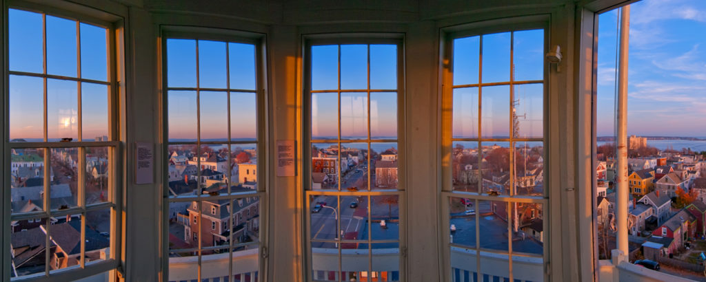 looking out at the portland observatory to the east end houses and water