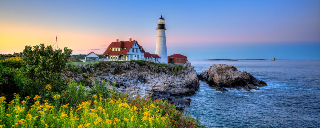 Yellow flowers in the foreground of Portland Head Light Lighthouse, Photo Credit: Kim Seng