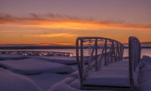 Falmouth Town Landing snow sunrise dock, Photo Credit: CFW Photography