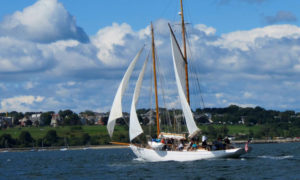Portland Schooner Co. full shot of sailboat with residential background. Photo Provided by Portland Schooner Co.