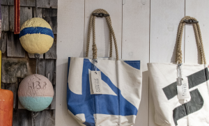 Close-up of Vintage Insignia Tote Wall at Sea Bags Flagship Store, Photo Credits: Sea Bags