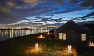 Fortland Site 4 Yurt Exterior Night Lights, Photo Credit: Jared McKenna