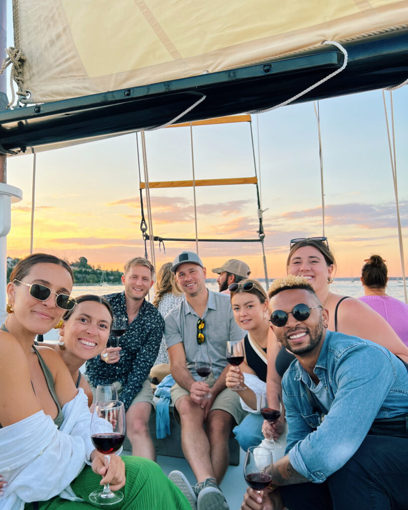 Wine Wise Sail, Photo Credit: Wine Wine Events Group of friends at wine sail, Photo Credit: Wine Wise Events