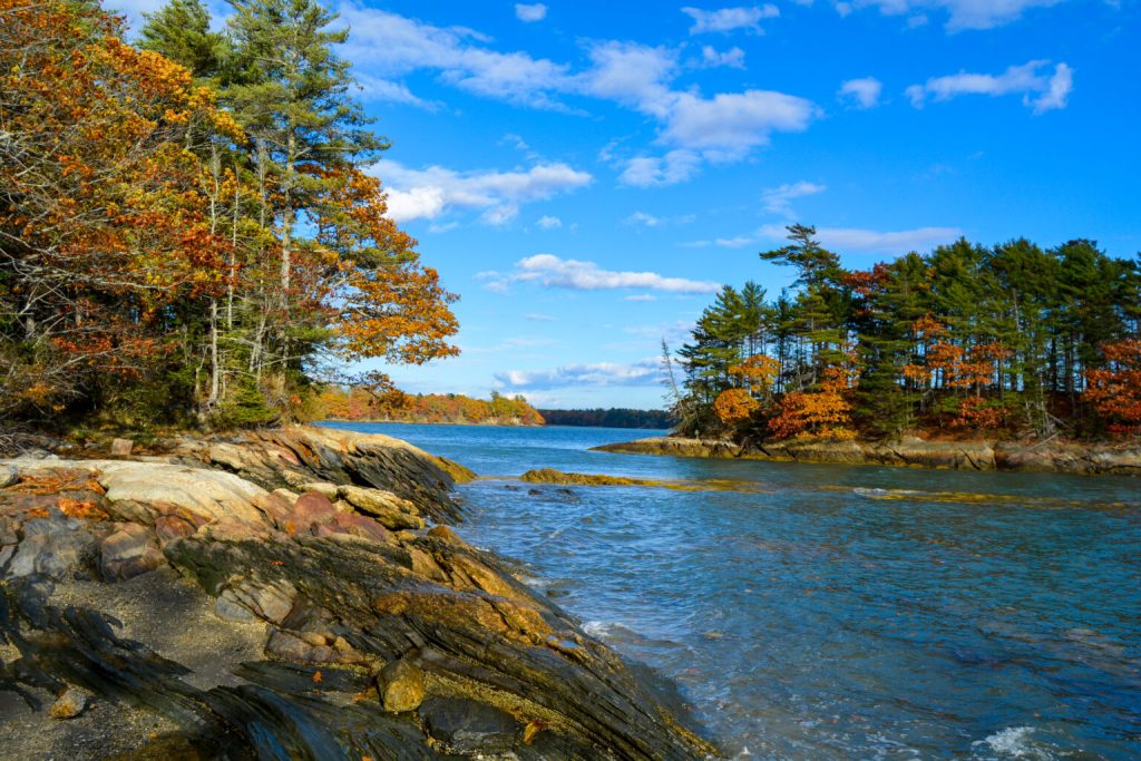 A rocky shoreline with autumn trees overlooking a calm blue bay under a sunny sky in Portland Maine.