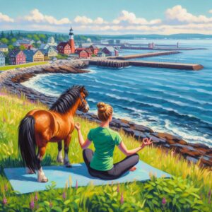 Mini Horse Yoga on the Eastern Prom; Photo courtesy of Ashley Flowers Yoga