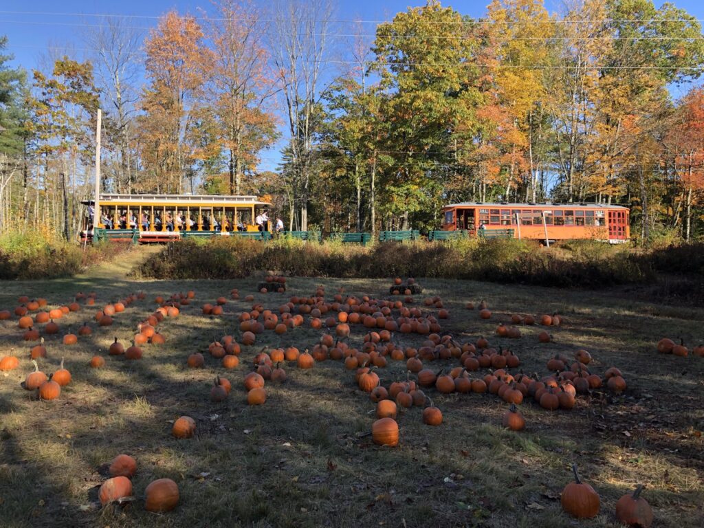Train in fall by pumpkin patch; Photo courtesy of Seashore Trolley Train in fall by pumpkin patch; Photo courtesy of Seashore Trolley