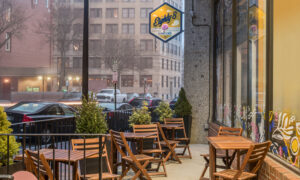 Exterior of Eighty 8 Donut Cafe on foggy day; Photo Credit: Peter G. Morneau Photography