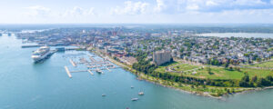 Aerial of Portland City with cruise ship; Photo Credit: Peter G. Morneau Photography