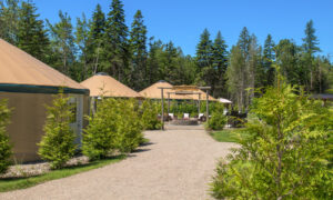 Community of outdoor yurt suites on gravel path ; Photo Credit: Peter G. Morneau Photography