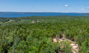 Aerial of yurts surrounded by green forest and blue ocean; Photo Credit: Peter G. Morneau Photography
