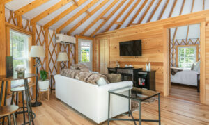 Acadia Wilderness Lodge yurt living room; Photo Credit: Peter G. Morneau Photography