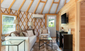 Acadia Wilderness Lodge yurt living room; Photo Credit: Peter G. Morneau Photography