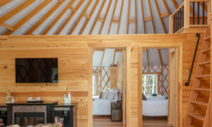 Acadia Wilderness Lodge yurt living and bedrooms; Photo Credit: Peter G. Morneau Photography