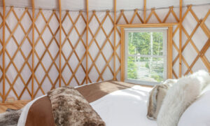 Acadia Wilderness Lodge yurt luxury king bedroom; Photo Credit: Peter G. Morneau Photography