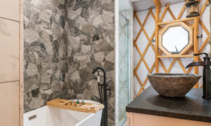 Acadia Wilderness Lodge yurt luxury bathroom; Photo Credit: Peter G. Morneau Photography
