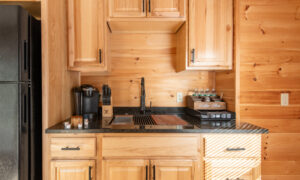 Acadia Wilderness Lodge yurt wooden kitchenette; Photo Credit: Peter G. Morneau Photography