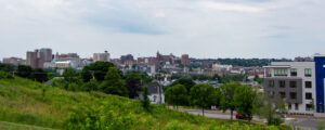 Portland city skyline on cloudy day; Photo Credit: Lauren Peters at Visit Portland