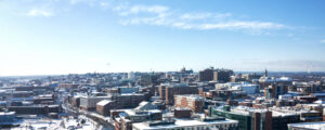 Aerial of Portland city in the winter; Photo credit: Capshore Photography