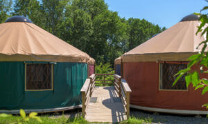 The Ecology School orange yurts with wooden walkway; Photo Credit: Peter G. Morneau Photography