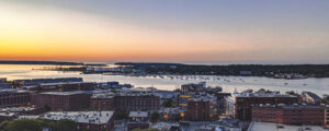 Aerial of Portland city at sunset; Photo credit: Capshore Photography