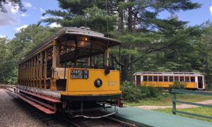 Parked yellow trains; Photo Credit: Seashore Trolley Museum Collection