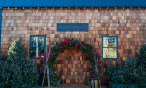 Happy Holidays shack on LLBean campus; Photo Credit: Lauren Witt at Visit Portland