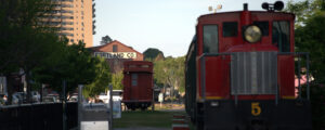 Red trains in downtown Portland.
