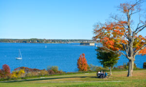 Casco Bay and Fort Gorges in the fall; Photo Credit: Lauren Witt at Visit Portland
