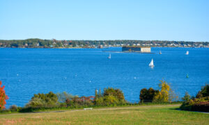Casco Bay and Fort Gorges in the fall; Photo Credit: Lauren Witt at Visit Portland