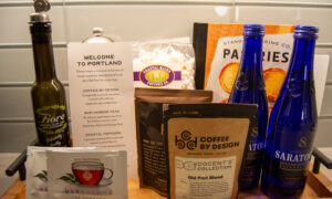 Docents Collection gift basket in rooms; Photo Credit: Lauren Witt at Visit Portland