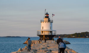 Spring Point Ledge Light at sunset; Photo Credit: Lauren Witt at Visit Portland