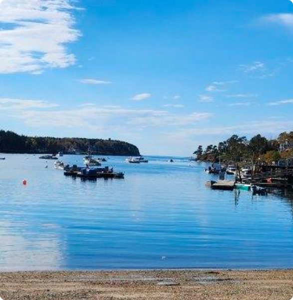 A calm harbor with boats anchored under a bright blue sky in Portland Maine.