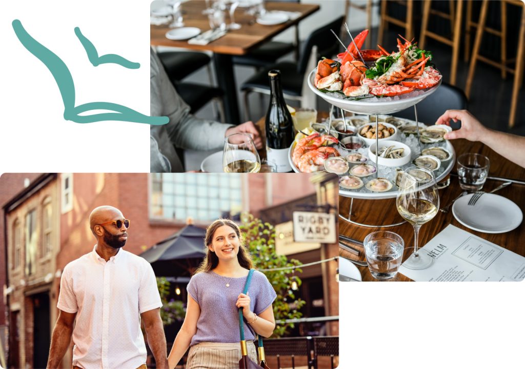 A collage showing a couple walking outdoors and a seafood platter at a restaurant in Portland Maine.