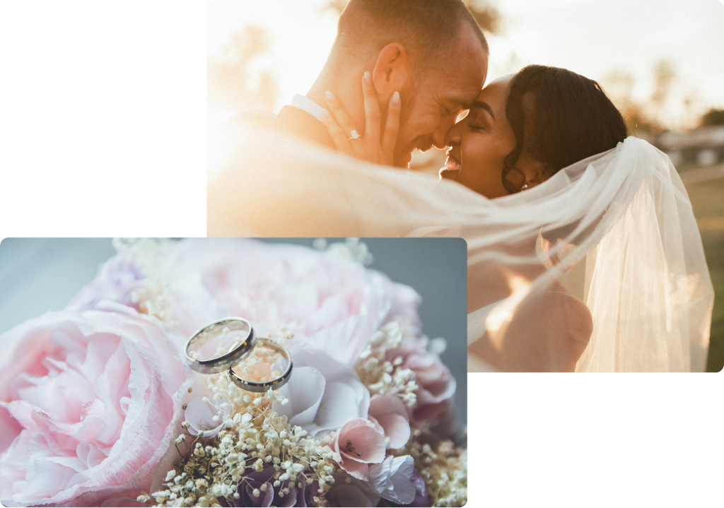 A romantic wedding collage featuring a couple embracing and a bouquet with wedding rings in Portland Maine.