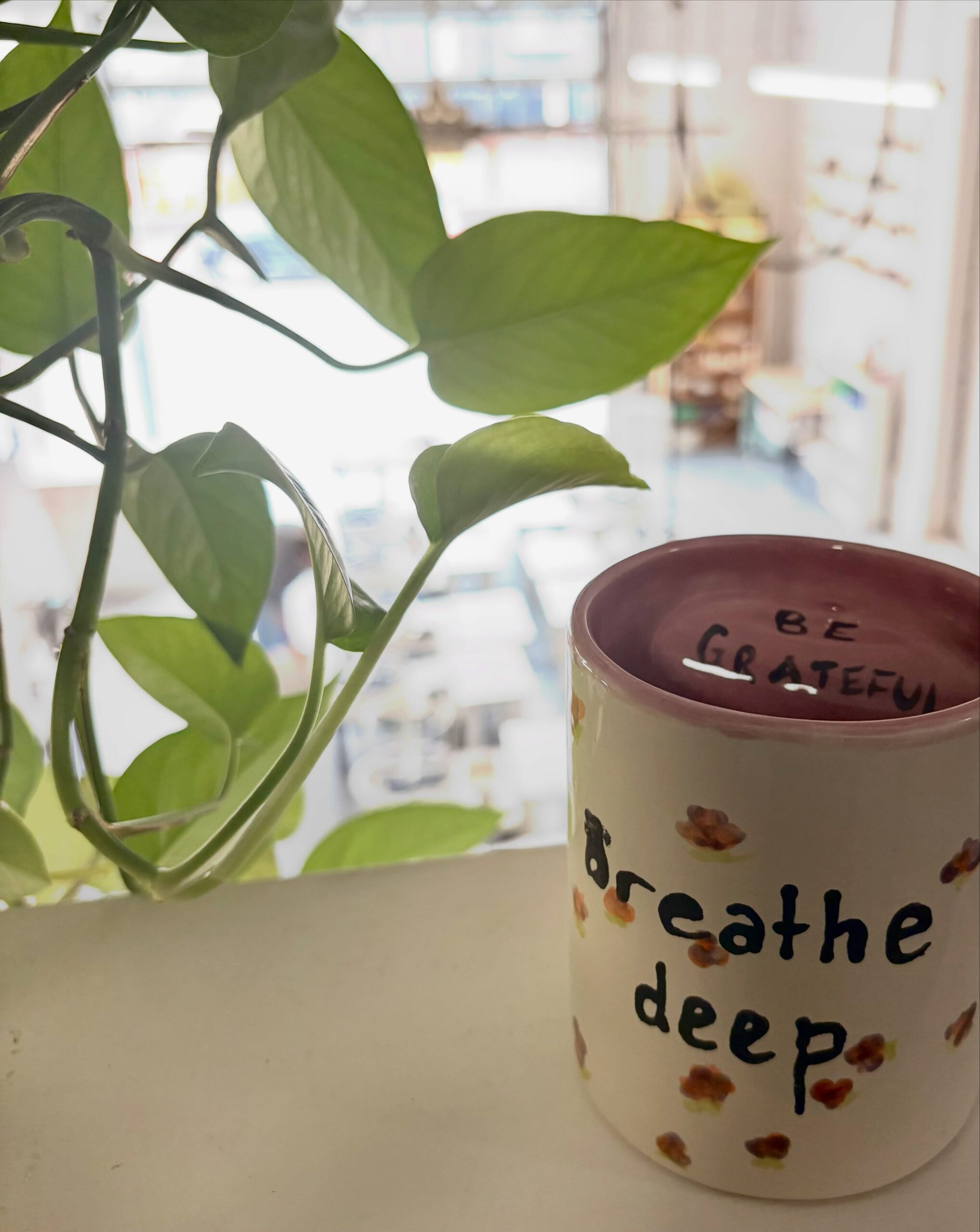 A mug with 'breathe deep' and 'be grateful' text sits beside a green plant in Portland Maine.