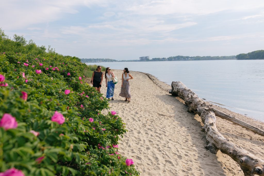 Three women walk along a sandy beach next to blooming pink rose bushes in Portland Maine.