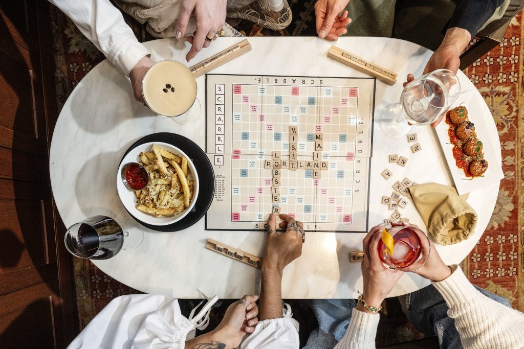 Scrabble, Drinks, and Snacks at Portland Harbor Hotel. Photo credit: Nicole Wolf