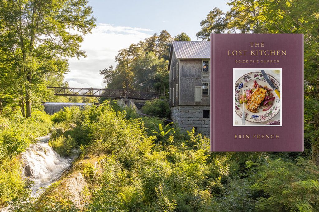 The Lost Kitchen cookbook cover superimposed over a rustic mill and waterfall scene in Portland Maine.