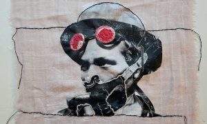 Opening | The Morphing Medium - Photo Credit: Deb Whitney, #3, From the rose colored goggles series, 2022, Appropriated photo transfer of a female soldier, embroidery thread and a fragment of a pink receiving blanket, 12 x 18 inches