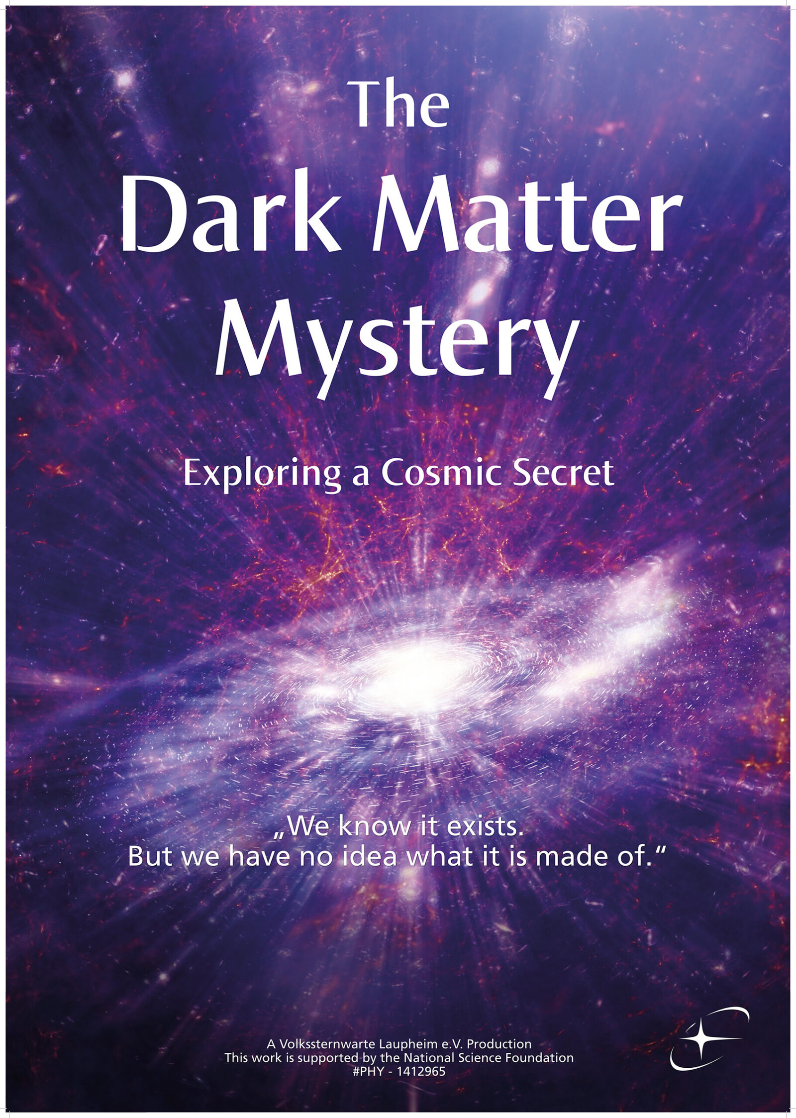 A poster titled The Dark Matter Mystery featuring a vibrant purple cosmic space background in Portland Maine.